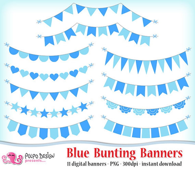 Blue Bunting Banners Clipart. Digital clip art. Commercial & personal Use. Instant Download. PNG ribbon, banner garland baby shower baby boy image 1