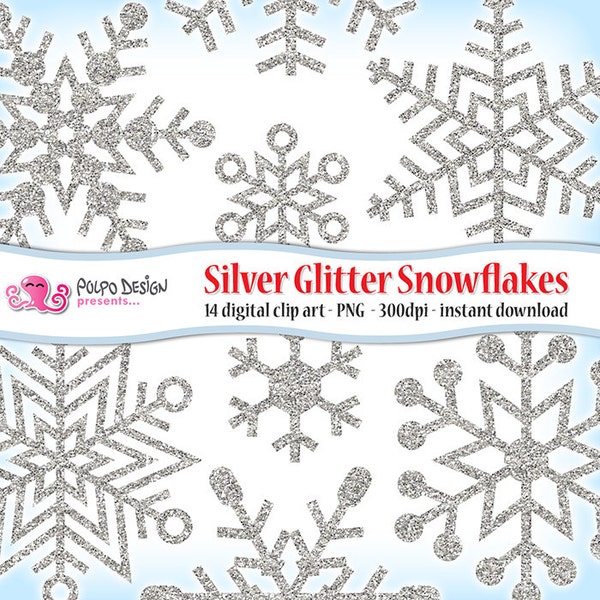 Silver Glitter Snowflakes clipart. Digital clip art. Commercial & personal Use. Instant Download. Frozen sparkly winter snowflakes Christmas