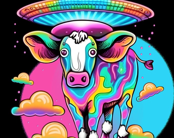Adorable Cow Abduction Art Cute Kawaii UFO Illustration Alien ...