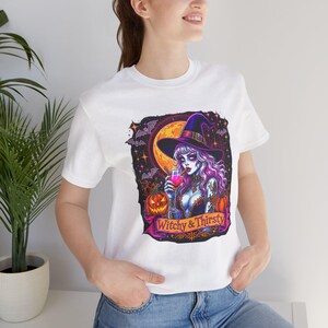 Witchy & Thirsty Halloween Tee, Unisex Short Sleeve Shirt, Spooky T-Shirt, Halloween Costume, Witchy Fashion, October Celebration