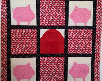 Pig & Barn Baby Quilt: Handmade Cotton Lap Quilt (40x44)