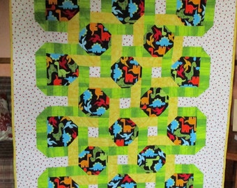 Dinosaur Baby Quilt: Bright Cotton  Nap Quilt (42x54)