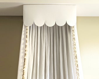 Scalloped linen bed crown canopy (square shape).