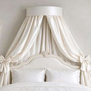 Faux Dupioni Bed Canopy with Bow Tiebacks, Custom Colors, Modern Classic Decor – Luna