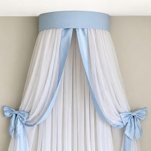 Blue & White Bed Canopy with Sheer Voile Curtains and Bow Tiebacks, Custom Colors, Modern Classic Decor – Zephyr