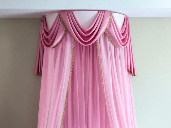 Pink Princess Canopy with Swag Valance, Gold Trim & Sheer Curtains, Princess Bedroom Decor – Fairytale