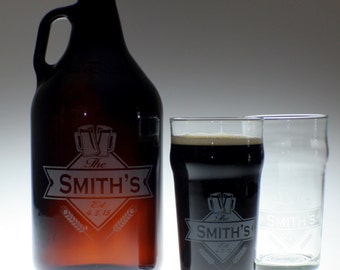 Personalized Beer Growler & 2 glass set with Diamond and Banner art , wedding gift , personalized growler, custom Beer Glass,Beer Gift, Beer