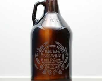 Personalized Home Brew Growler with hops and wheat Homebrew, personalized,1 gallon growler,32oz growlette, 64oz growler, Beer Gift,  Beer