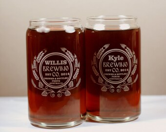 Personalized set of 2 Modern Hop and Wheat design on can style glass. Homebrew, Beer, Beer Gift, Craft Brew, fathers day gift, wedding gift