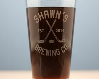 Hockey themed  Brewing Co. HomeBrew Pint single glass.  Home brew, fathers day gift, Beer Glass, Beer Gift, Beer