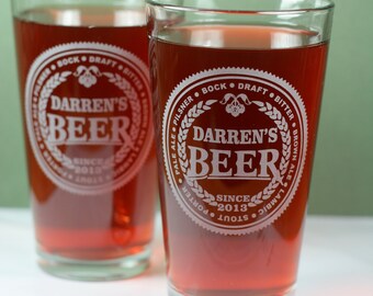 Personalized Set of 2 Home Brew Pint with Beer Name Types. Homebrew, fathers day gift,custom pint,engraved pint, custom Beer Glass