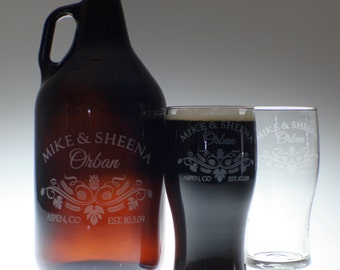 Personalized Beer Growler and 2 glass set with Hop Leaf Couple art , wedding gift , personalized growler, custom Beer Glass, Beer Gift, Beer