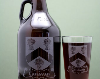 Family Crest  HomeBrew Growler & one or two 16oz glass set.  Home brew, , Beer Glass, Beer Tools, Beer