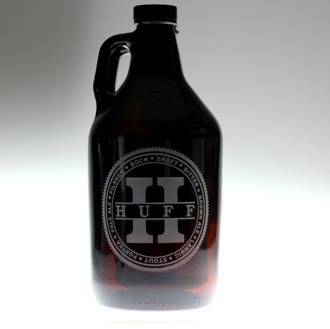 Growler Custom Engraved With Beer Names Circled Around Large Initial
