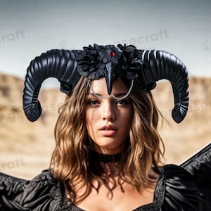 Raven Bird Skull Gothic Demon Animal Black Ram Horn Head Dress Piece with Black Rose | Halloween Costume Party Cosplay Women Headband