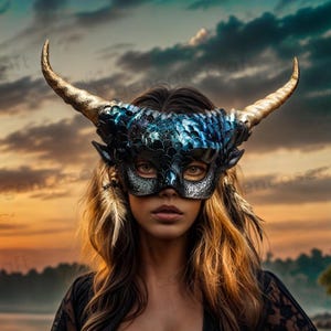 Masquerade Horned Mask with Dragon Scales, Blue Scale Dragon Gold Ram Antler Horns Devil Mask, Venetian Women Halloween Prom Ball Eye Mask