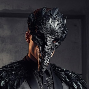 Schwarzer Vogel gebogener Schnabel Lange Nase Schädel Gesichtsmaske Top Feder Halloween Kostüm Party Maskerade Raven Crow Pest Doktor Maske | Party Maske Bild 2
