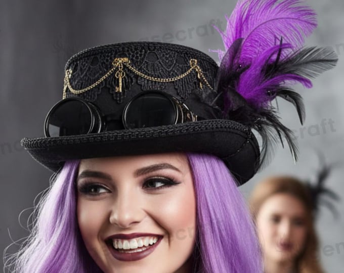 Steampunk Victorian Black Deluxe Feather Laces with Dark Goggles Women Tea Party Top Hat | Halloween Wedding Music Festival Cosplay Costume