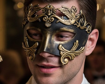 Geborsteld goud zwart Romeinse Griekse keizer krijger Venetiaans masker voor prom Maskerade bal feestmasker kostuum | Feestmasker voor heren en dames