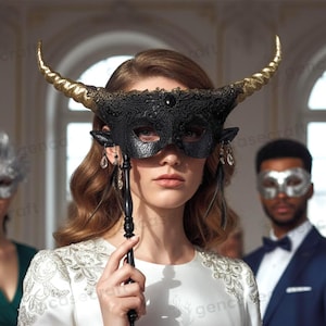 May include: A black masquerade mask with gold horns and a decorative handle. The mask is held by a person wearing a white dress with embroidered details. Other people in the background wear masks and formal attire.