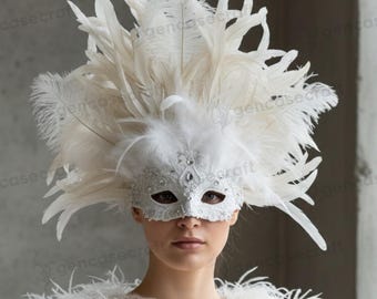 Women White Large Feather Carnival Masquerade Venetian Party Mask For Mardi Gras | Venetian Ball Wedding New Year Masquerade Party Cosplay