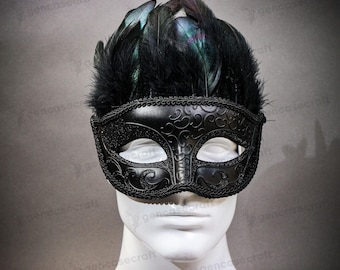 Black Feather Phantom Masquerade Mask for Men Women, Venetian Prom Ball Carnival Mardi Gras Mask Costume, Venetian Feather Party Eye Mask
