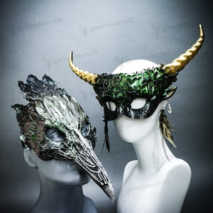 Green Devil Halloween Men Women Couple Mask | Scary Masquerade Long Nose Crow Skull Mask, Raven Bird Costume, Animal Ram Horns Mask