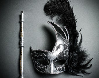 Black Silver Beautiful Women Handheld Eye Mask Carnival Masquerade Venetian Mask with Mardi Gras Side Feather