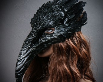 Black Bird Curved Beak Long Nose Skull Face Mask Top Feather Halloween Costume Party Masquerade Raven Crow Plague Doctor Mask | Party Mask