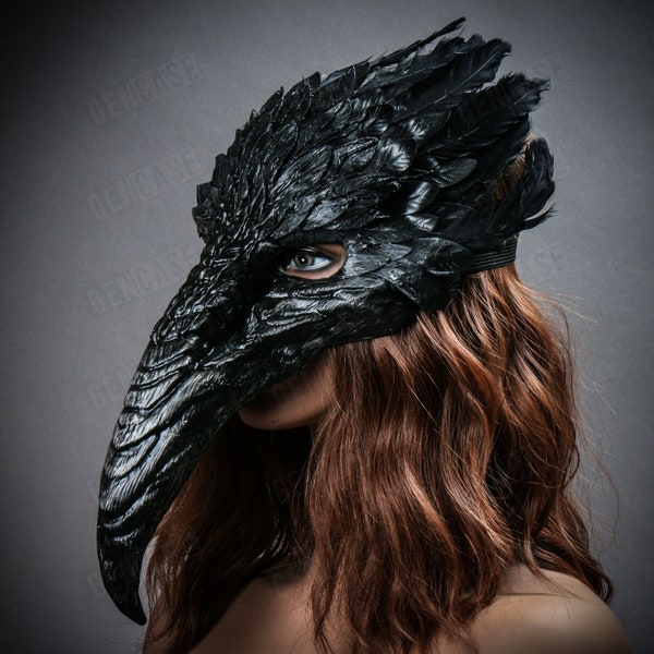 Black Bird Curved Beak Long Nose Skull Face Mask with Top Feather Halloween Costume Party Masquerade Raven Crow Plague Doctor Mask