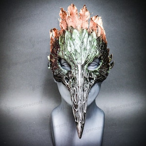 Feather Bird Skull Halloween Masquerade | Green Copper Raven Crow Bird Long Nose Animal Skull Mask, Scary Adult Face Mask Cosplay Costume