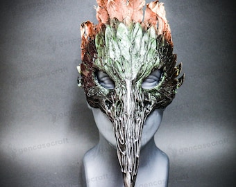 Feather Bird Skull Halloween Masquerade | Green Copper Raven Crow Bird Long Nose Animal Skull Mask, Scary Adult Face Mask Cosplay Costume