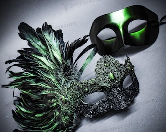 Máscara veneciana de plumas para pareja, color negro y verde, para carnaval, baile de máscaras, boda