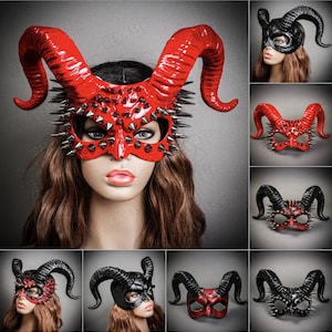 Red Black Demon Halloween Cosplay Devil with Back Twisted Ram Horns Masquerade Eye Mask | Steampunk Spikes Costume Face Mask