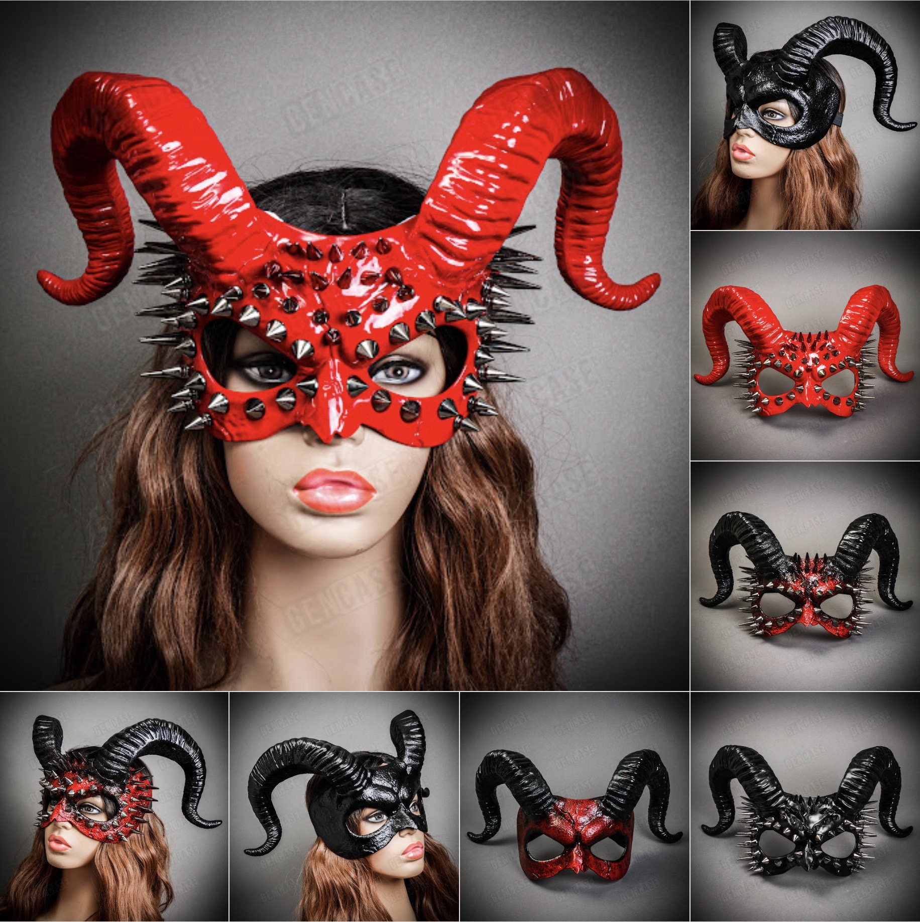 赤黒悪魔ハロウィンコスプレ悪魔、背中にねじれた雄羊の角付き仮面舞踏