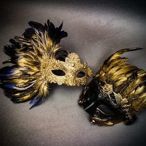 Couple Masquerade Party Mask | Venetian Prom Ball Mask for Couple Women Men | Gold Black Feather Lace Mask, Greek Warrior Roman Emperor Mask