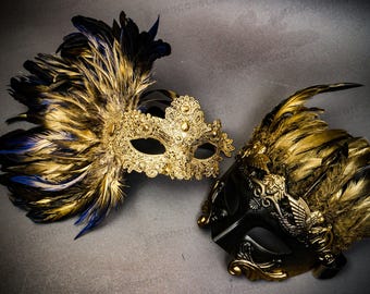 Couple Masquerade Party Mask | Venetian Prom Ball Mask for Couple Women Men | Gold Black Feather Lace Mask, Greek Warrior Roman Emperor Mask