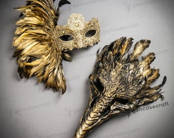 Couple Halloween Masquerade Party Costume - Gold Feather Women Venetian Lace Eye Mask & Men Raven Skull Long Nose Beak Crow Mask Costume