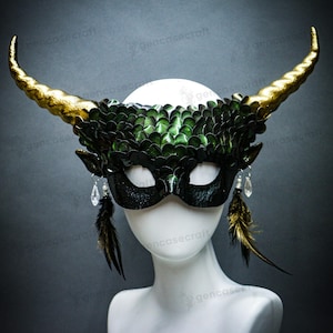 Green Gold Women&#39;s Devil Horns Masquerade Mask | Halloween Cosplay Demon Ram Horns Mask, Mermaid Fish Squama Scales Fairy Mask Costume