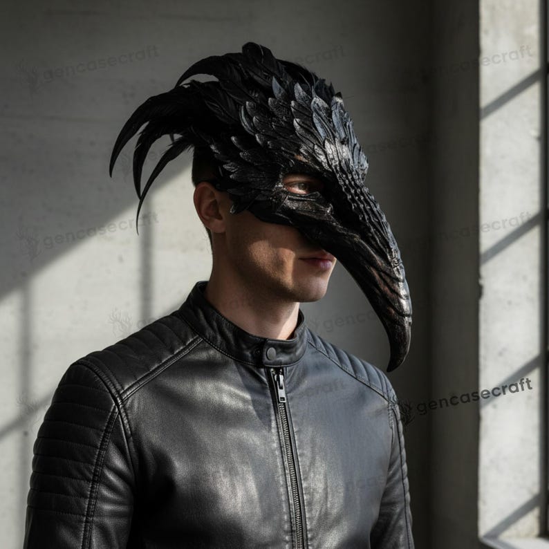 Schwarzer Vogel gebogener Schnabel Lange Nase Schädel Gesichtsmaske Top Feder Halloween Kostüm Party Maskerade Raven Crow Pest Doktor Maske | Party Maske Long Feather