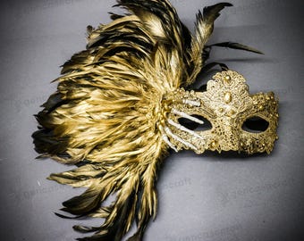 Golden Skeleton Hand Feather Masquerade Mask | Venetian Halloween Women's Costume Carnival Mardi Gras Lace Mask, Gothic Skeletal Mask
