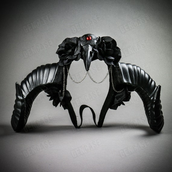 Black Raven Skull Gothic Demon Animal Large Ram Horn Head  display picture 2