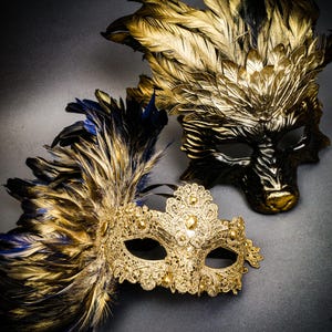 Party Halloween Masquerade for Couple | Full Face Wolf Mask Animal Costume, Women Venetian Carnival Prom Ball Mask Mardi Gras, Feather Mask