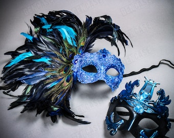 BLUE Luxury Couple&#39;s Carnival Masquerade Venetian Party Mask with Mardi Gras Large Side Peacock Feather and Pegasus Horse Men Party Mask