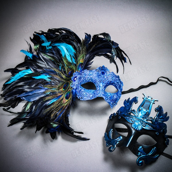 BLUE Luxury Couple's Carnival Masquerade Venetian Party Mask with Mardi Gras Large Side Peacock Feather and Pegasus Horse Men Party Mask