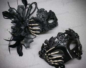 Skelett Halloween maskerad par kostymmask - svart gotisk venetiansk festbal balmask, karneval fjädermask, bevingad krigarmask