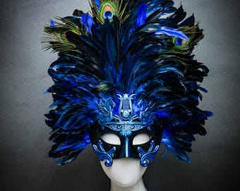 Blue Peacock Feather Masquerade Ball Party Halloween, Venetian Mardi Gras Mask Costume, Face Carnival Feather Eye Mask, Greek Warrior Mask