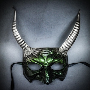 Green Silver Antelope Horns Devil Spooky Face Mask Costume, Adult Men Women Demon Halloween Masquerade Cosplay Monster Beast Horn Mask