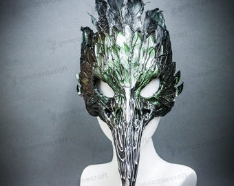 Máscara de calavera de cuervo de nariz larga gótica verde oscuro con plumas, máscara de disfraz de cuervo de pájaro para mascarada de Halloween, máscara de nariz larga, máscara de plumas de médico de la peste