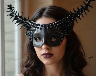 Máscara Steampunk con cuernos negros puntiagudos / Disfraz gótico de lujo de nebulosa de medianoche para Halloween, máscara de demonio diablo para adulto